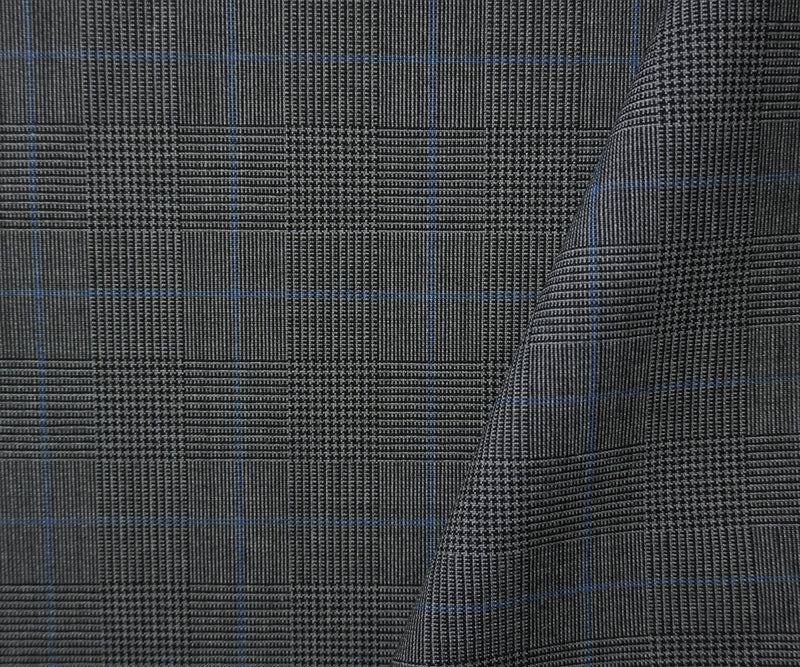 Gray-Black-Blue Poly Wool Plaid Woven Shirting Fabric