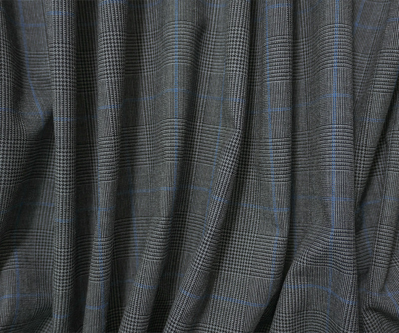 Gray-Black-Blue Poly Wool Plaid Woven Shirting Fabric