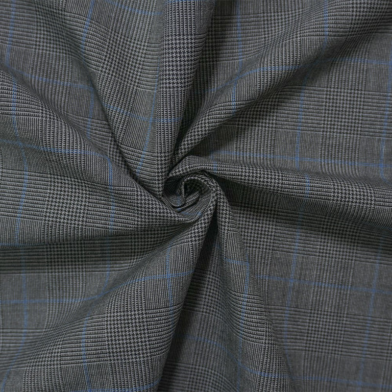 Gray-Black-Blue Poly Wool Plaid Woven Shirting Fabric