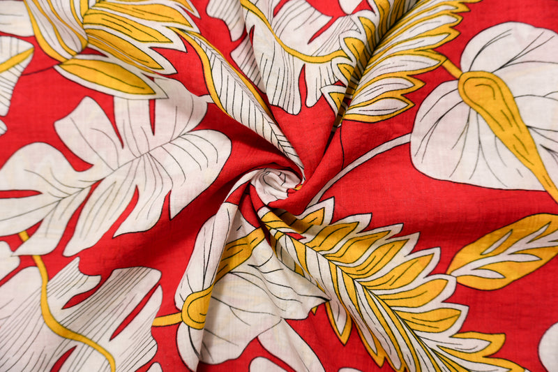 Red-White-Multi Cotton Leaves Printed Voile Woven Fabric