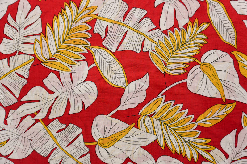Red-White-Multi Cotton Leaves Printed Voile Woven Fabric