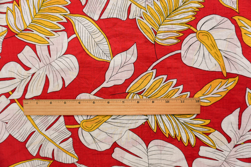 Red-White-Multi Cotton Leaves Printed Voile Woven Fabric