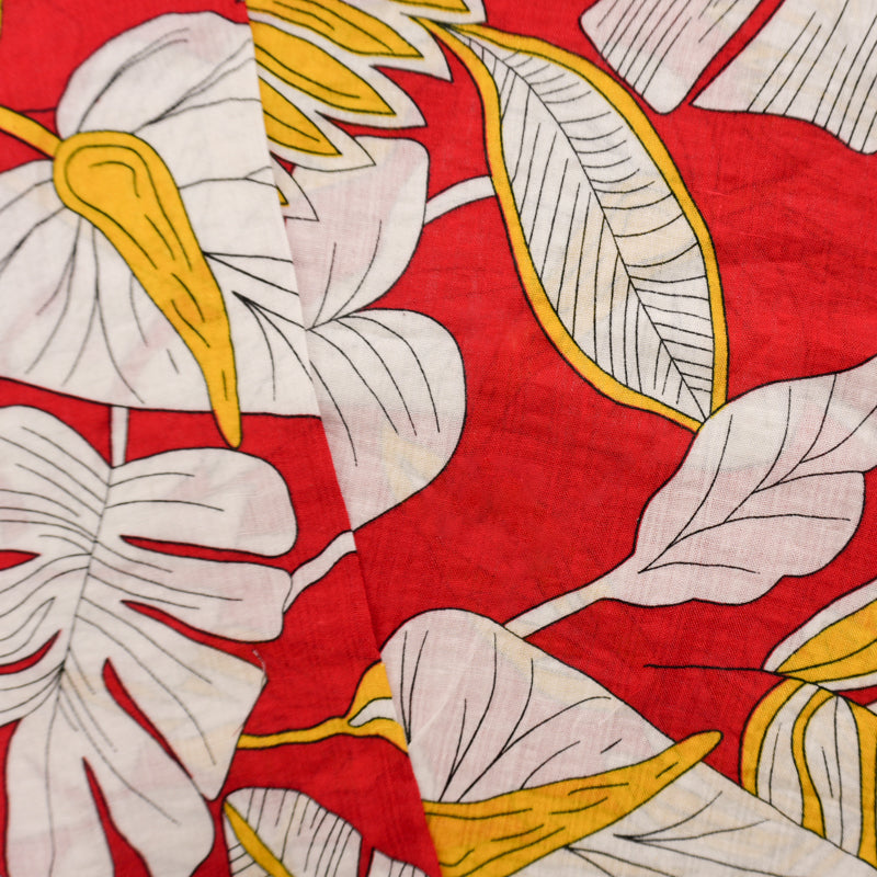 Red-White-Multi Cotton Leaves Printed Voile Woven Fabric