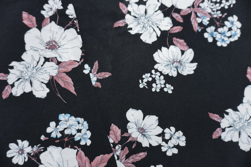 Black-White-Multi Rayon Floral Printed Challis Woven Fabric