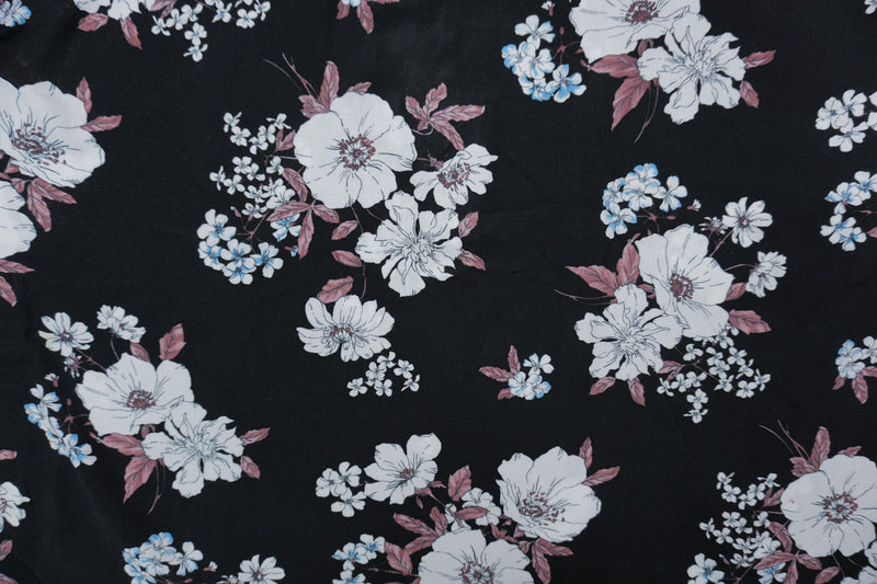 Black-White-Multi Rayon Floral Printed Challis Woven Fabric