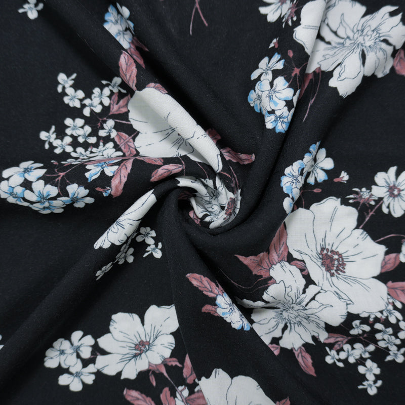 Black-White-Multi Rayon Floral Printed Challis Woven Fabric