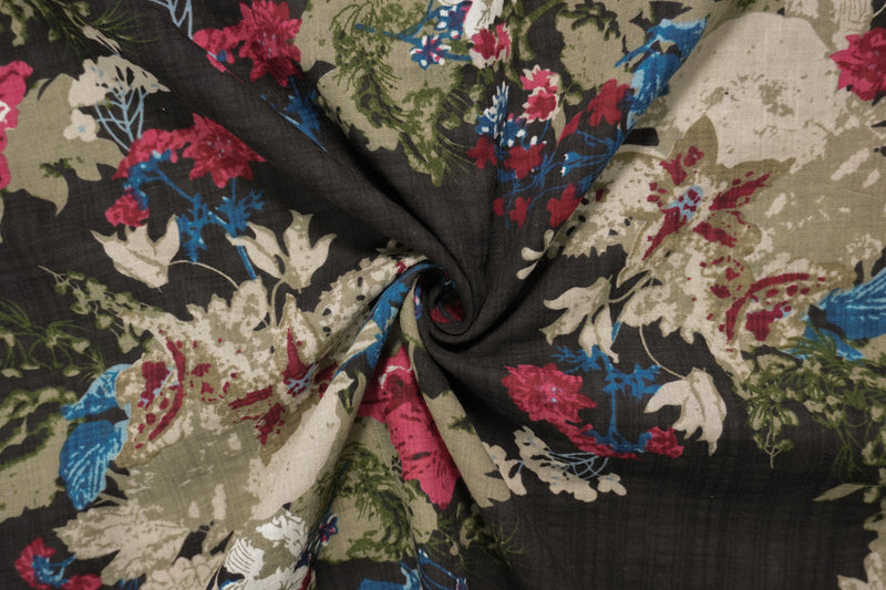 Black-Red-Multi Cotton Floral Plaid Printed Voile Woven Fabric