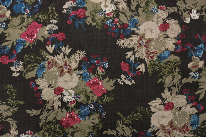 Black-Red-Multi Cotton Floral Plaid Printed Voile Woven Fabric