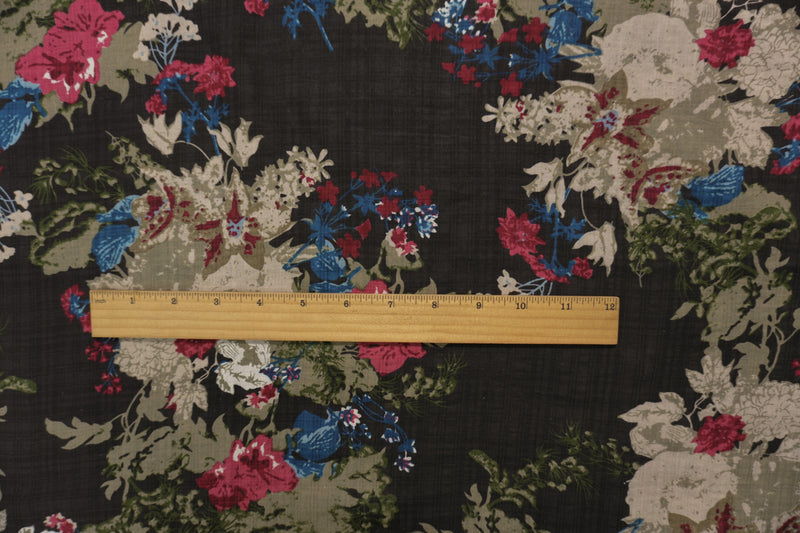 Black-Red-Multi Cotton Floral Plaid Printed Voile Woven Fabric