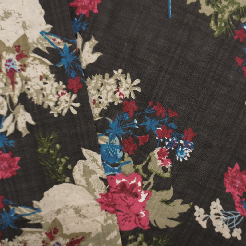 Black-Red-Multi Cotton Floral Plaid Printed Voile Woven Fabric