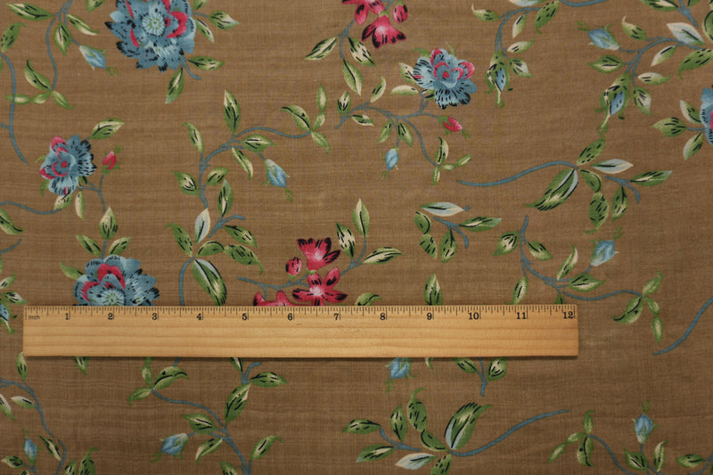 Brown-Green-Multi Cotton Floral Printed Voile Woven Fabric