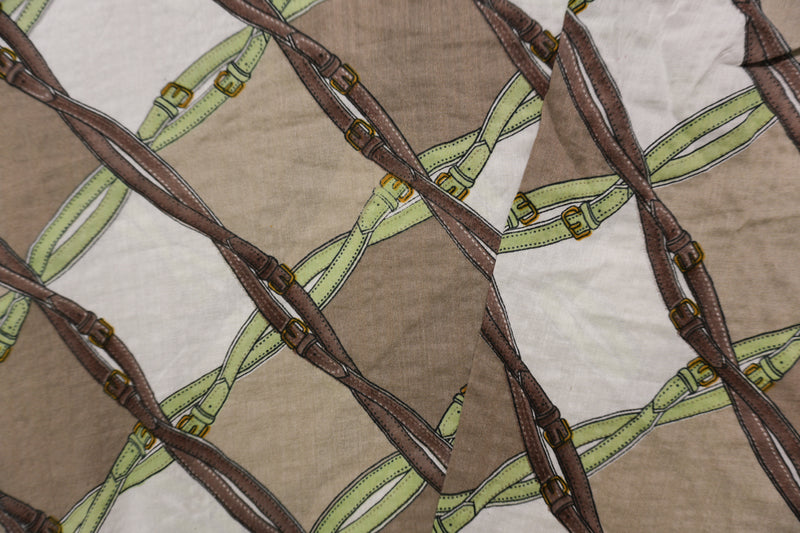 Brown-Green-White Multi Cotton Belt Printed Voile Woven Fabric