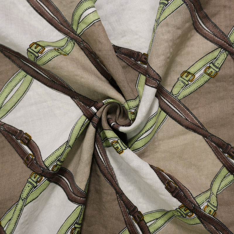 Brown-Green-White Multi Cotton Belt Printed Voile Woven Fabric