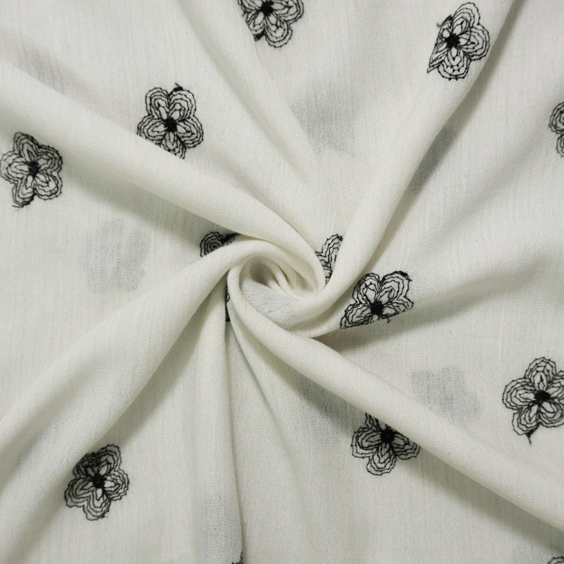 White-Black Cotton Floral Embroidered Gauze Woven Fabric