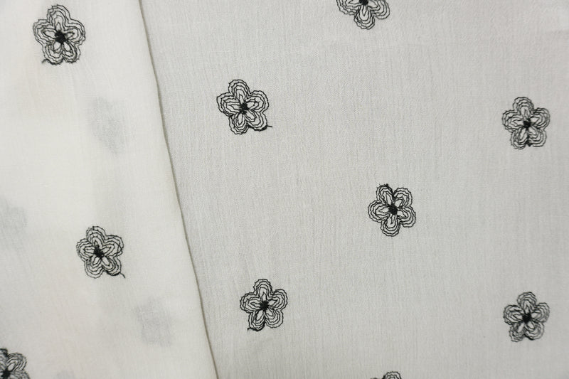 White-Black Cotton Floral Embroidered Gauze Woven Fabric