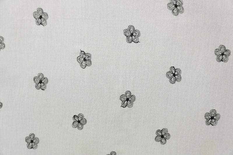 White-Black Cotton Floral Embroidered Gauze Woven Fabric