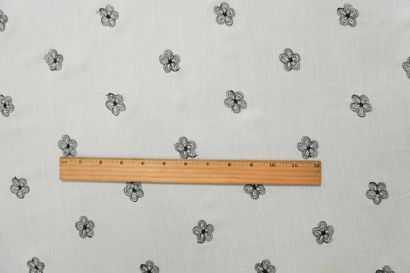 White-Black Cotton Floral Embroidered Gauze Woven Fabric