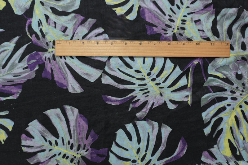 Black-Teal-Multi Cotton Leaves Printed Voile Woven Fabric