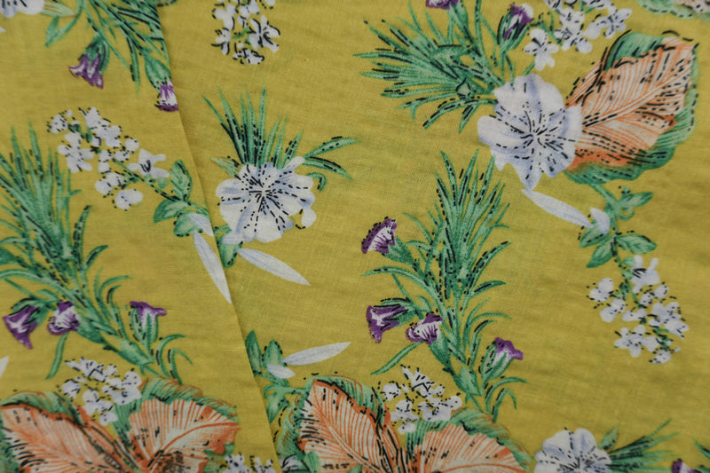 Yellow-Green-Multi Cotton Floral Printed Crinkled Voile Woven Fabric