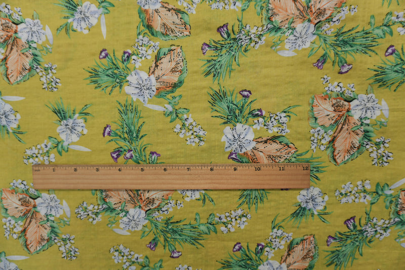Yellow-Green-Multi Cotton Floral Printed Crinkled Voile Woven Fabric
