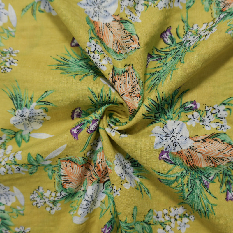 Yellow-Green-Multi Cotton Floral Printed Crinkled Voile Woven Fabric