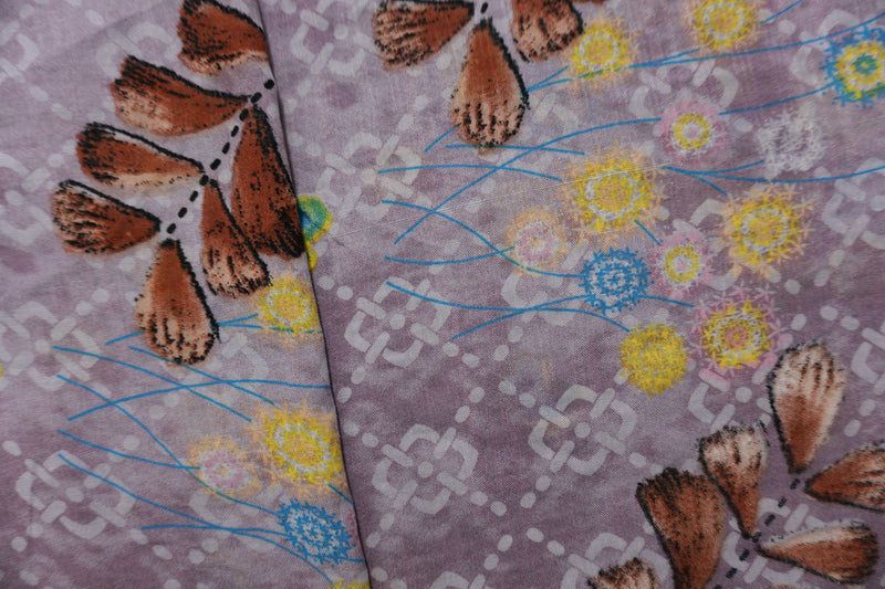 Purple-Multi Cotton Floral and Leaves Printed Voile Woven Fabric