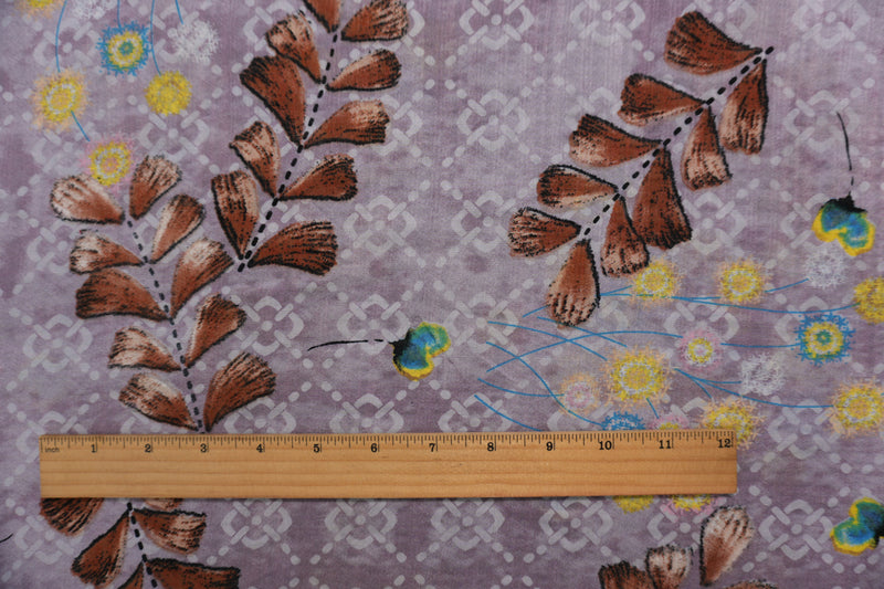 Purple-Multi Cotton Floral and Leaves Printed Voile Woven Fabric