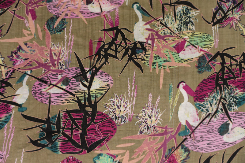 Brown-Pink-Multi Cotton Abstract Printed Crinkled Voile Woven Fabric
