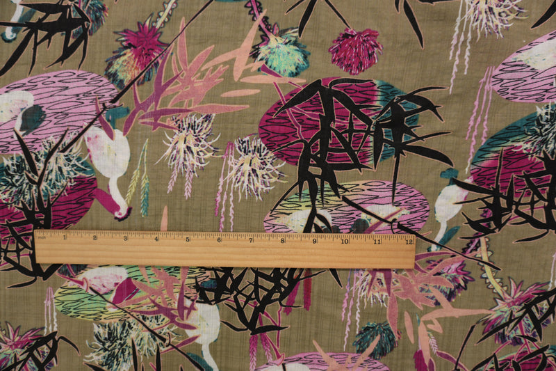 Brown-Pink-Multi Cotton Abstract Printed Crinkled Voile Woven Fabric