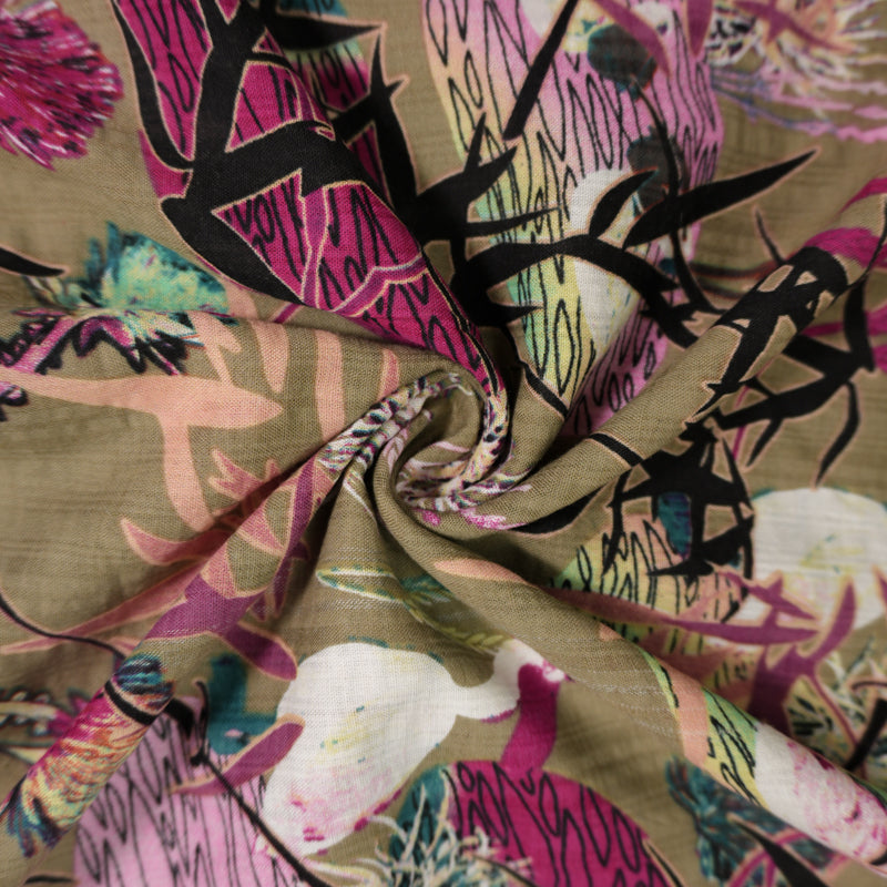 Brown-Pink-Multi Cotton Abstract Printed Crinkled Voile Woven Fabric