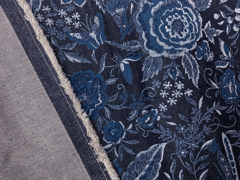 Blue-Ivory 11 oz. Cotton Floral Printed Denim Twill Woven Fabric