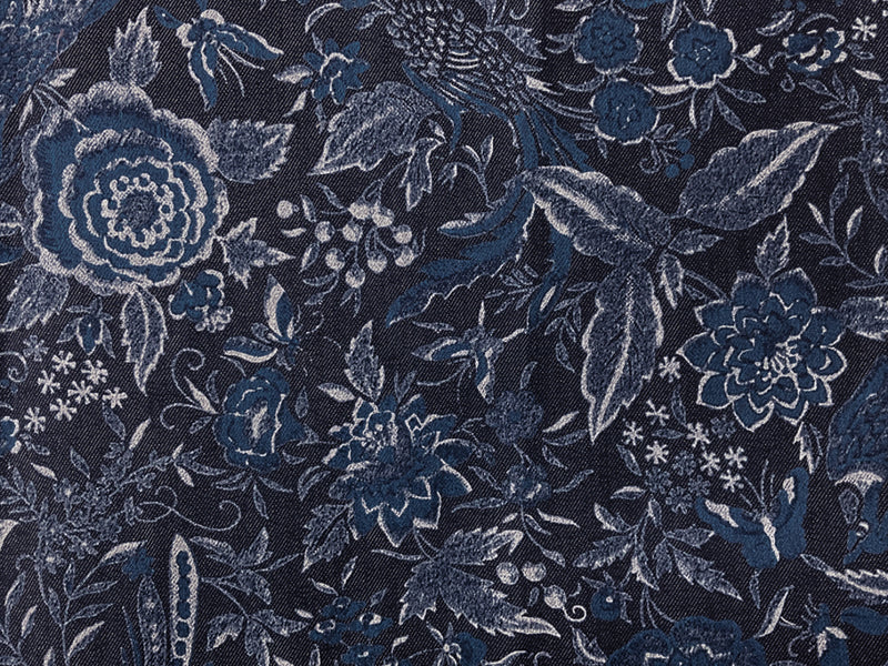Blue-Ivory 11 oz. Cotton Floral Printed Denim Twill Woven Fabric