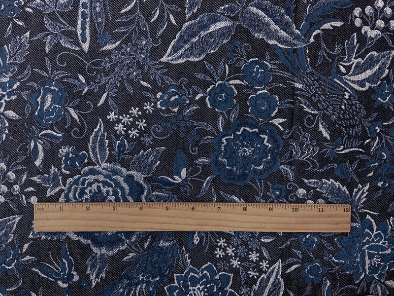 Blue-Ivory 11 oz. Cotton Floral Printed Denim Twill Woven Fabric