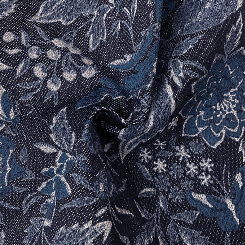 Blue-Ivory 11 oz. Cotton Floral Printed Denim Twill Woven Fabric