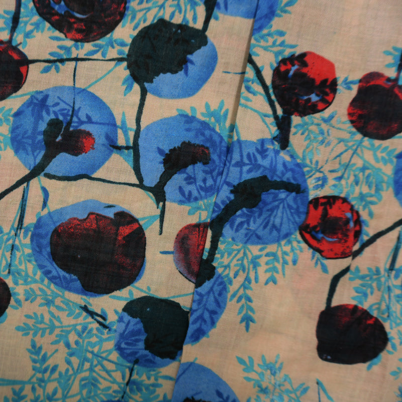 Beige-Blue-Multi Cotton Leaves and Floral Printed Voile Woven Fabric