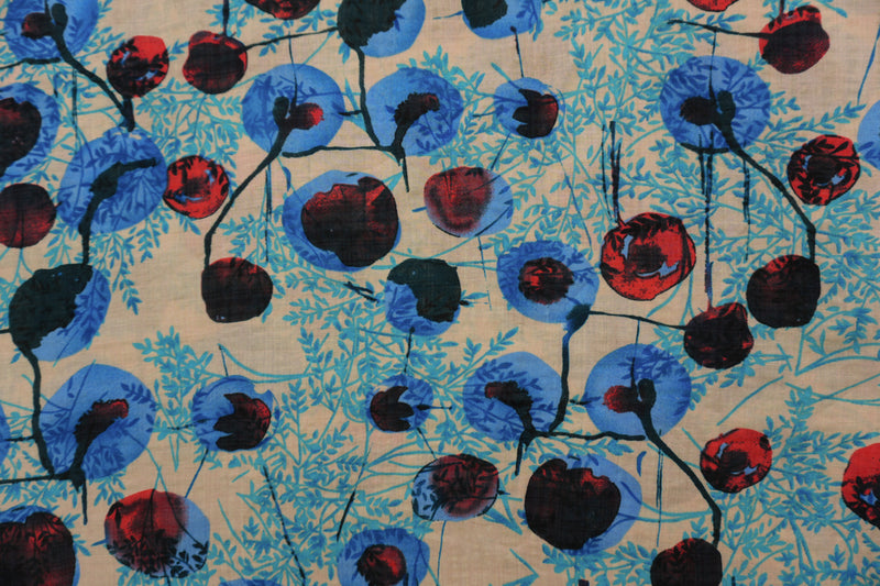Beige-Blue-Multi Cotton Leaves and Floral Printed Voile Woven Fabric