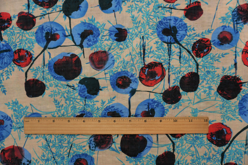 Beige-Blue-Multi Cotton Leaves and Floral Printed Voile Woven Fabric