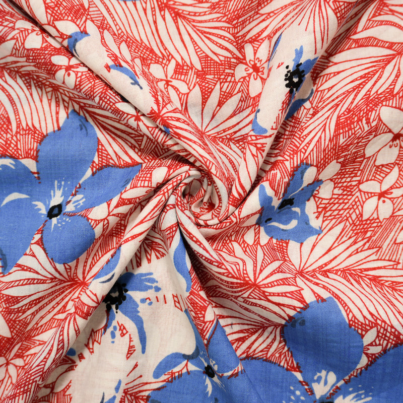 Red-White-Multi Cotton Floral Printed Voile Woven Fabric