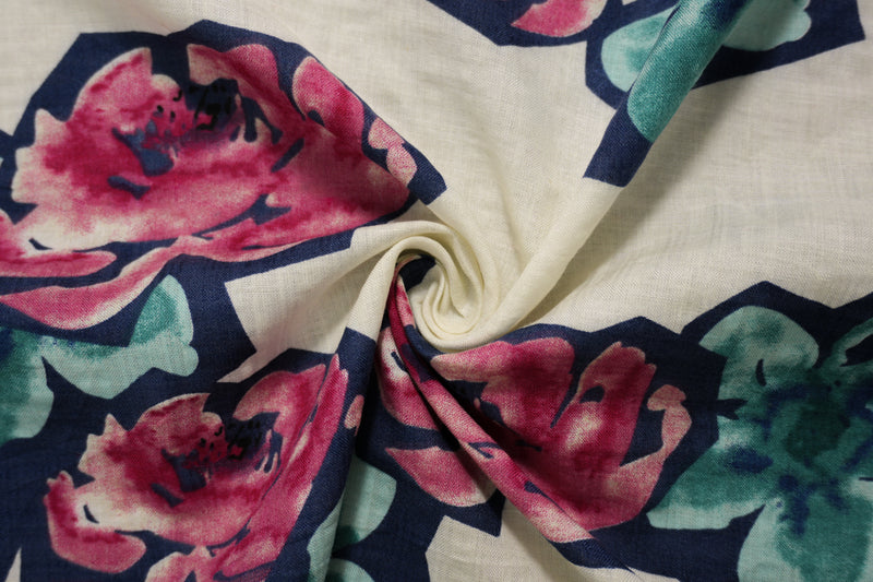 Ivory-Blue-Multi Cotton Floral Printed Voile Woven Fabric