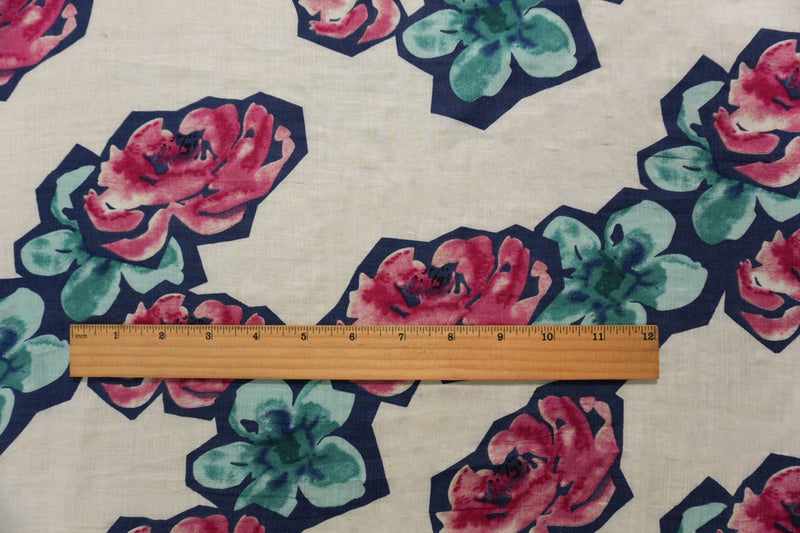 Ivory-Blue-Multi Cotton Floral Printed Voile Woven Fabric