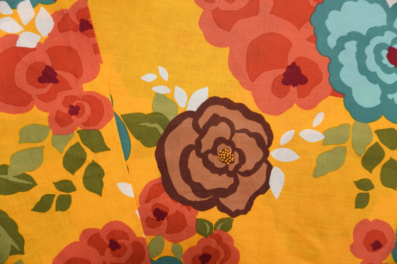 Yellow-Teal-Multi Cotton Floral Printed Voile Woven Fabric
