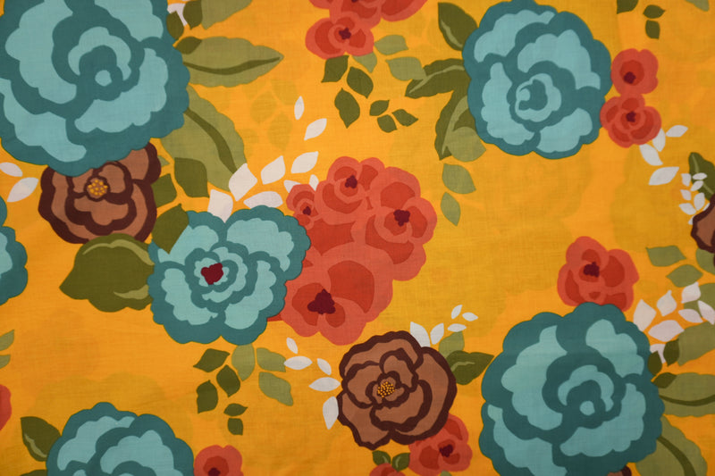 Yellow-Teal-Multi Cotton Floral Printed Voile Woven Fabric