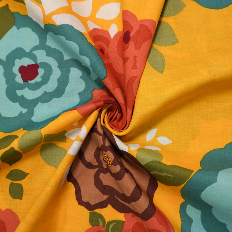 Yellow-Teal-Multi Cotton Floral Printed Voile Woven Fabric