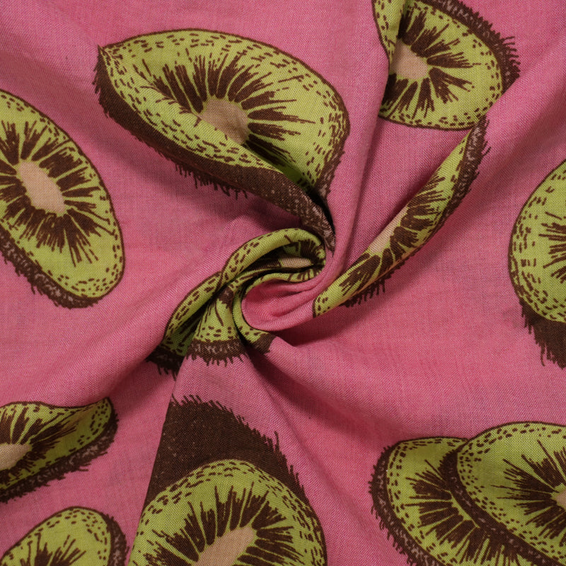 Pink-Green-Multi Cotton Kiwi Printed Voile Woven Fabric