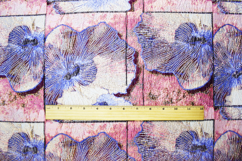 Pink-Multi Floral Tile Jacquard Matelasse Brocade Woven Fabric