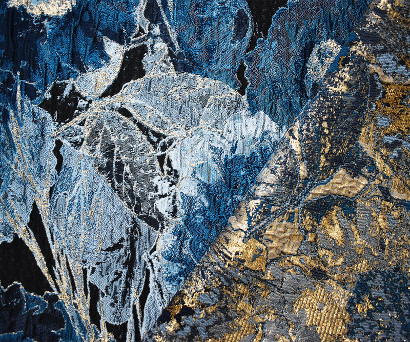Blue-Gold Abstract Floral Jacquard Matelasse Brocade Woven Fabric
