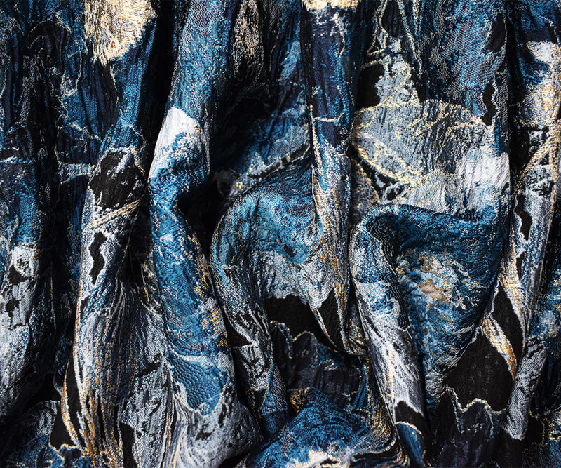 Blue-Gold Abstract Floral Jacquard Matelasse Brocade Woven Fabric