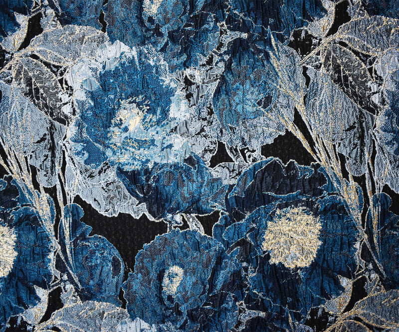 Blue-Gold Abstract Floral Jacquard Matelasse Brocade Woven Fabric