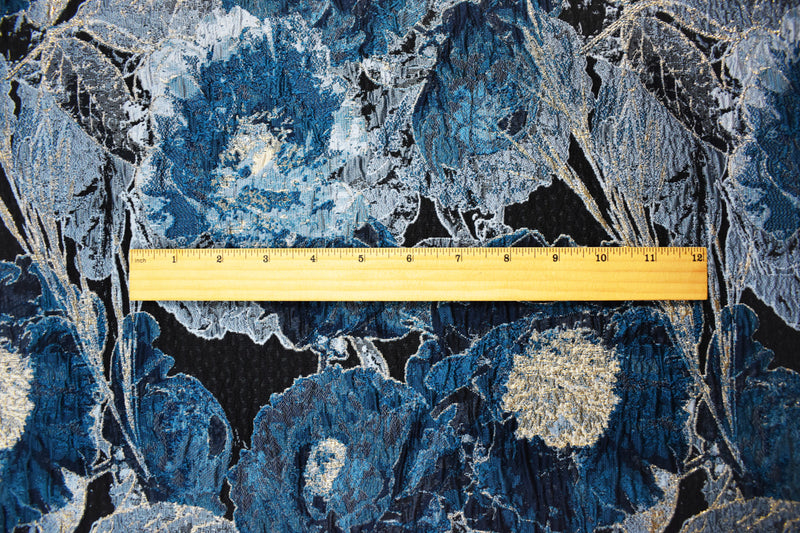 Blue-Gold Abstract Floral Jacquard Matelasse Brocade Woven Fabric