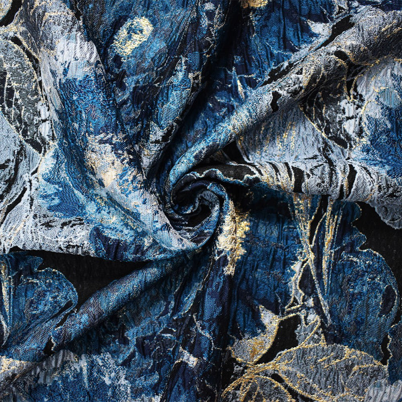 Blue-Gold Abstract Floral Jacquard Matelasse Brocade Woven Fabric